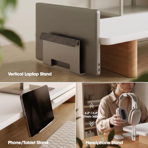 Fenge Modular Dual Monitor Stand Riser with Solid Ash Wood Leg, 42.5" White - Image 6