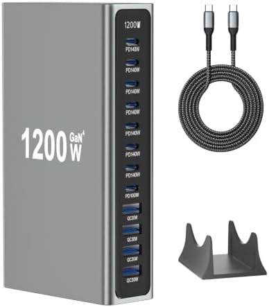 1200W GaN4 USB C Desktop Charging Station with 6.6FT 240W Cable, 12-in-1 Multiport Fast Charger Hub with Stand, 7X PD 140W Multi-Device Power Station for Laptops Tablets and Phones by Unknown