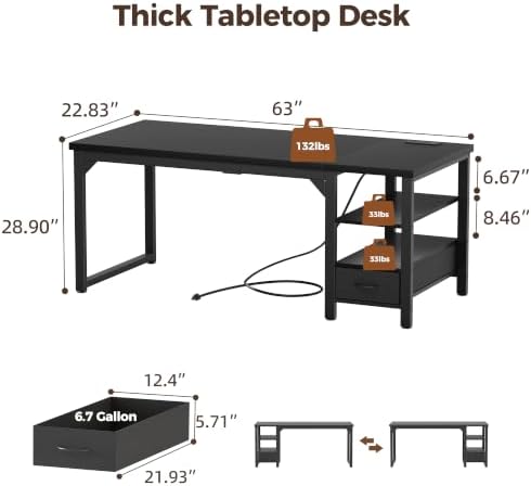 Mericonia 63" Computer Desk with Drawer, 1.2" Thick Reversible Office Desk - Image 3