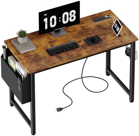Lufeiya 40 inch Computer Desk with Power Outlet, 39 inch Teen Study Table Home Office Work Writing Desk with Charging Station Outlets Built in, Rustic Brown by LUFEIYA