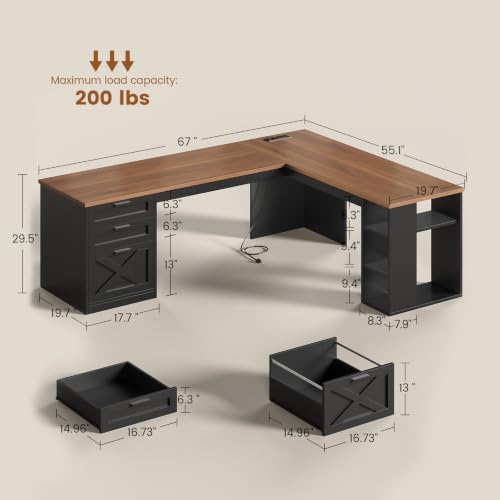 SEDETA 67" Farmhouse Executive L Shaped Desk with 3 Drawers - Image 2