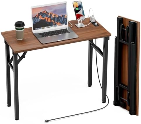 TEMI Small Computer Desk Folding Table - No Assembly, Compact 35.8" Foldable Desk with Power Outlets & USB Charging Port, Portable Small Office Desk, Ideal Mini Study Table for Narrow Spaces, Walunt by TEMI