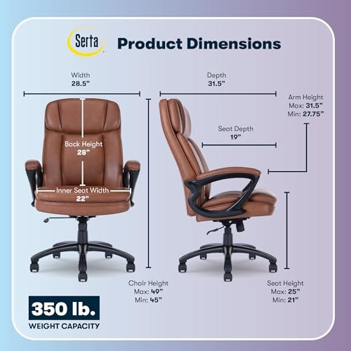 Serta Fairbanks Big & Tall Executive Office Chair, Ergonomic High-Back with Lumbar Support, Semi-Plush Seat Cushion and Body Pillows, Padded Armrests, Nylon Swivel Base, Bonded Leather, Cognac Brown - Image 2