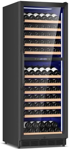 FoMup Wine Fridge Dual Zone, Freestanding Wine Cooler Refrigerator 180 Bottles Large Capacity with Sliding Rail Wooden Shelves and Door Lock, Black by FoMup
