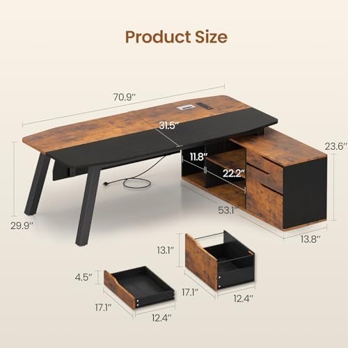 SEDETA 71" L Shaped Executive Desk with File Cabinet & Power Outlet - Image 2