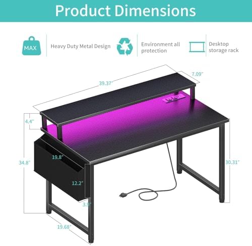 Lufeiya Gaming Desk with Power Outlets and LED Lights, 40 Inch Gamer Desk Table with Charging Station, Home Office Computer Desks with Monitor, Black - Image 3