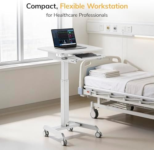 Mount-It! Height Adjustable Rolling Laptop Desk with Keyboard Tray, Mobile Sit-Stand Computer Cart with Wheels, Small Standing Desk for Home, Office, or Classroom, 23.6" x 20.5", White - Image 5