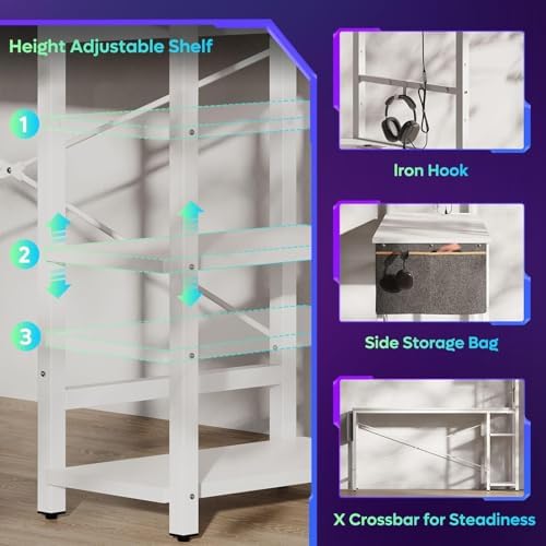 Bestier Gaming Desk with Power Outlets, 61 Inch Large Led Gamer Desk with 4 Tiers Reversible Shelves, PC Gaming Table with Headset Hook & Side Storage Bag for Bedroom (White 3D Carbon Fiber) - Image 6