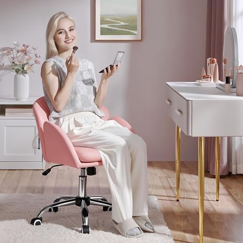 Yaheetech Simple Pink Petal Faux Leather Vanity Desk Chair, Swivel Wheels - Image 2