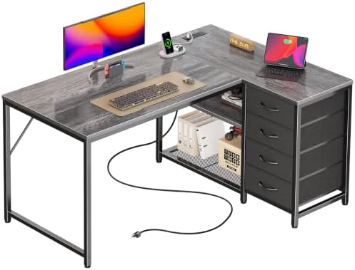 PRAISUN 43.3" Small L Shaped Desk with Power Outlets & 4 Drawers by PRAISUN