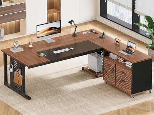 SEDETA 71" Executive Desk with Rolling File Cabinet, Large Office Desk with Drawers, L Shaped Computer Desk with Power Outlets, CPU Stand, Pegboard and Storage Shelves, Brown by SEDETA