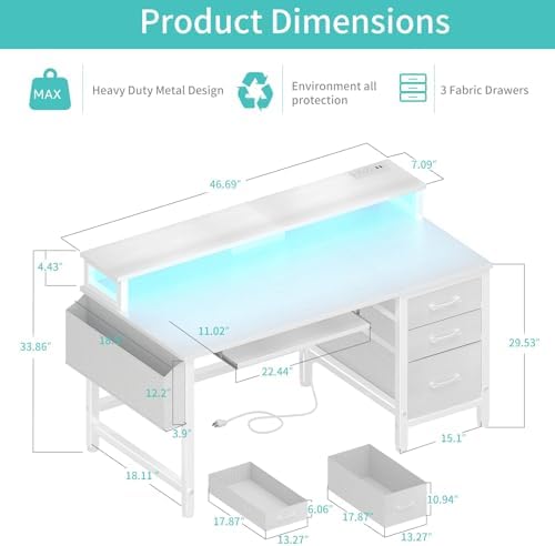 Lufeiya Gaming Desk with LED Lights and Power Outlets, 47 Inch Home Office Desks with Keyboard Tray, White Computer Desk with File Drawers Cabinet, Writing Table PC Desks with Monitor Stand, White - Image 2