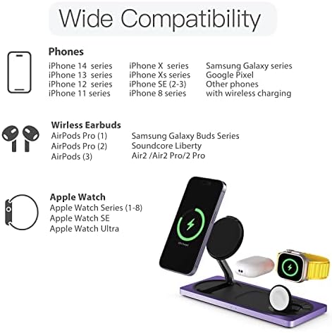 PETINO Mag-Safe Charger Stand, 3-in-1 Magnetic Wireless Charging Station for Apple Devices, iPhone 15/14/13/12 Series, Apple Watch, AirPods Pro (Purple) - Image 6
