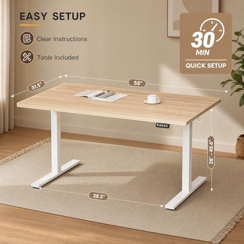 Grandder 55x32 Large Electric Standing Desk, Height Adjustable Computer Desk with 2 Memory Presets, 31.5" Deep Desktop Sit Stand Desk Home Office Desk Workstation Table with Hooks, Light Walnut - Image 3