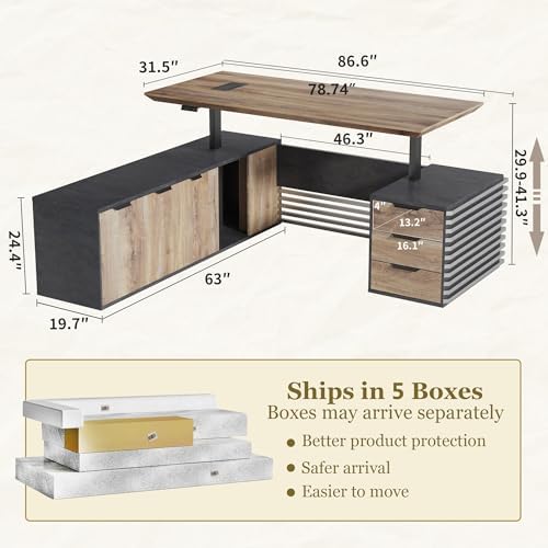 Electric Height Adjustable Executive Desk, Luxury L-Shaped Office Desk with Storage Cabinet & Charging Station, Solid Thickened Desktop, 78" Modern CEO Workstation for Home Office & Corporate Office - Image 2