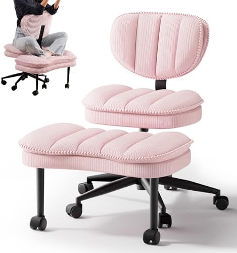 Cross Legged Office Chair, Ergonomic Cloud Criss Cross Desk Chair, Meditation Chair with Wheels, Height Adjustable Seat for ADHD, Wide Kneeling Chair with Back Support,Pink by HOMRELEXA