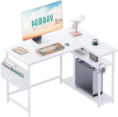 Pamray 40 Inch L Shaped Computer Desk with Reversible Side Storage Shelves, Small Corner Desk for Small Space Home Office, Writing Study Table PC Desk for Bedroom, White by PAMRAY