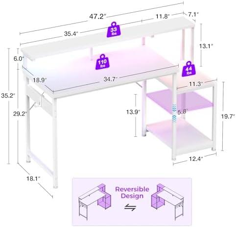 AODK 48 Inch Gaming Desk with LED Lights & CPU Stand, White - Image 3