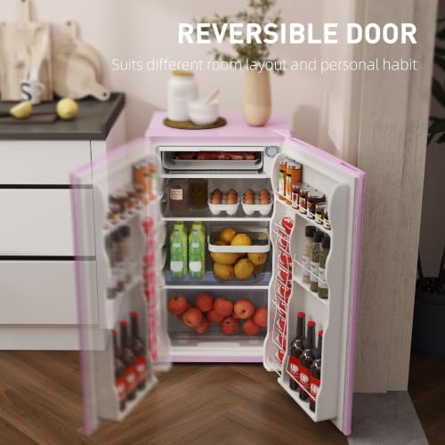 HOMCOM 3.2 Cu.Ft Mini Fridge with Freezer Single Reversible Door Pink - Image 6