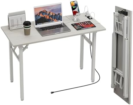 TEMI Small Computer Desk Folding Table - No Assembly, Compact 43.3" Foldable Desk with Power Outlets & USB Charging Port, Portable Small Office Desk, Ideal Mini Study Table for Narrow Spaces,White Ash by TEMI