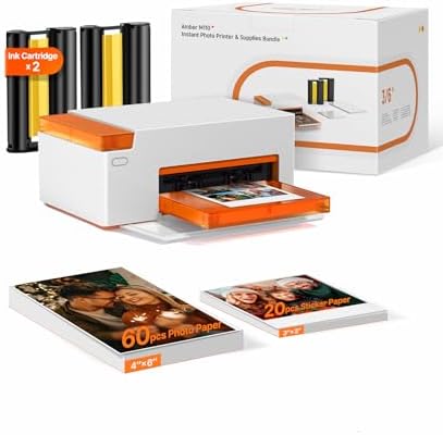Liene Amber M110 Bluetooth Photo Printer 80 Sheets, Portable Photo Printer for iPhone, Thermal Dye Sublimation, Picture Printer 60 Sheets 4x6 Paper & 20 Sheets 3" Square Sticker Paper & 2 Cartridges by Liene