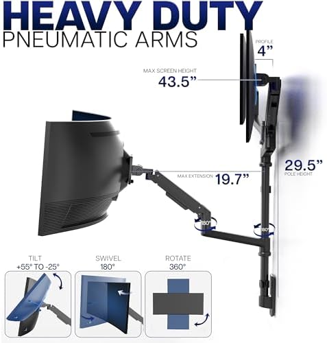 VIVO Pneumatic Arm Triple Ultrawide Monitor Wall Mount for Up to 49 inch Screens with Height Adjustment, Heavy Duty, Holds 3 Ultra Wides Up to 35.2 lbs, Black, MOUNT-VW300D - Image 4