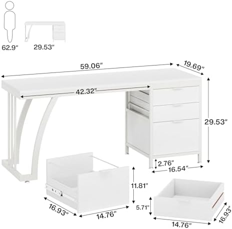 Tribesigns Computer Desk with 3 Drawers, 59-Inch PC Desk with Reversible Drawers, Industrial Study Writing Table Workstation with File Storage for Home Office, White - Image 2