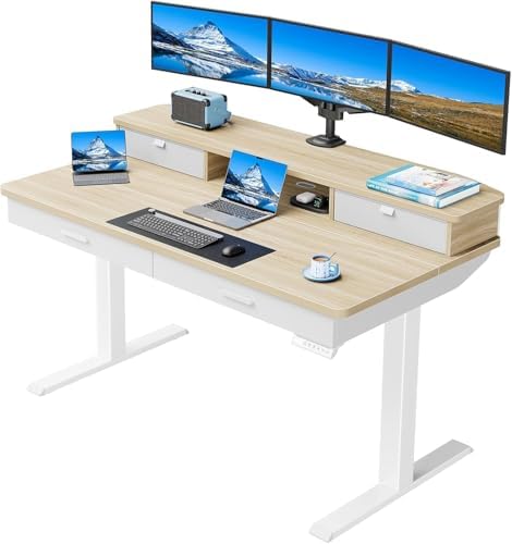 HUANUO 55 x 30 inch Electric Standing Desk with 4 Drawers, Natural by HUANUO