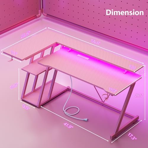 Korfile 55 Inch Pink Gaming Desk with Power Outlet & LED Lights, Corner Computer Desk with 3 Tiers Storage Shelves, L Shaped Gaming Desk with Monitor Stand for Bedroom - Image 2