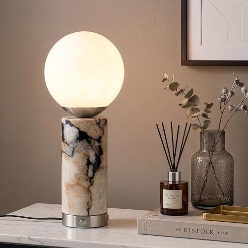 Brightech Aspen LED Table Lamp - USB Port Bedside Reading & Desk Lamp with Ambient Lighting - Marble Finish Globe Shade - Nickel - Image 4