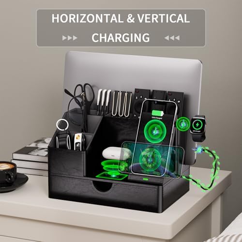 Black PU Leather Multi-Device Charging Station with Drawer - 6-in-1 Desktop Organizer for Phone, iPad, Tablet, Laptop, Watch, Headphones - Electronics Docking Hub & Storage Box for Office Home (Black) - Image 6