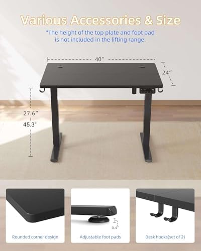 YIHAYO Electric Standing Desk, 40 x 24 Inches Stand Up Desk with Splice Board, Adjustable Height Desk, Computer Desk for Home Office, Black Frame/Black Top - Image 6