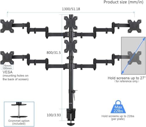 Suptek Hex LED LCD Monitor Stand up Desk Mount Extra Tall 31.5 inch Pole Heavy Duty Fully Adjustable Stand for 6 / Six Screens up to 27 inch (MD68126) - Image 4
