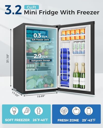 Feelfunn 3.2 Cu.Ft Mini Fridge with Freezer, Small Refrigerator, Silver - Image 2