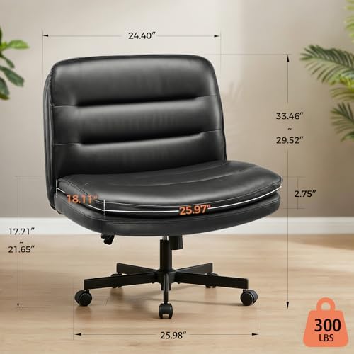 GTPLAYER Cross Legged Office Chair, Armless Desk Chair Cute Vanity Chair with Wheels Computer Chair Comfy Wide Office Chair Adjustable Swivel for Home Computer Task,Pu Leather, Black - Image 2