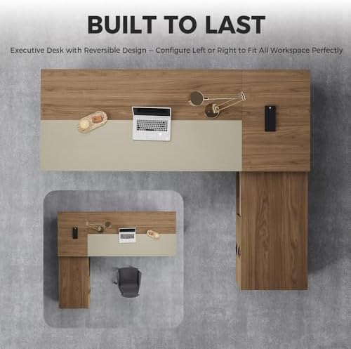 Compact Reversible L Shaped Executive Desk for Manager, Home Office Desk with Power Outlet & USB Ports, LED Ambient Lighting, Storage Cabinet (Black Walnut+Khaki, 95" L*71" W*30" H) - Image 7