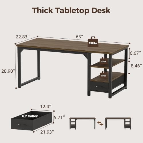 Mericonia 63 in Computer Desk with Drawer, 1" Thick Reversible Office Desk - Image 3