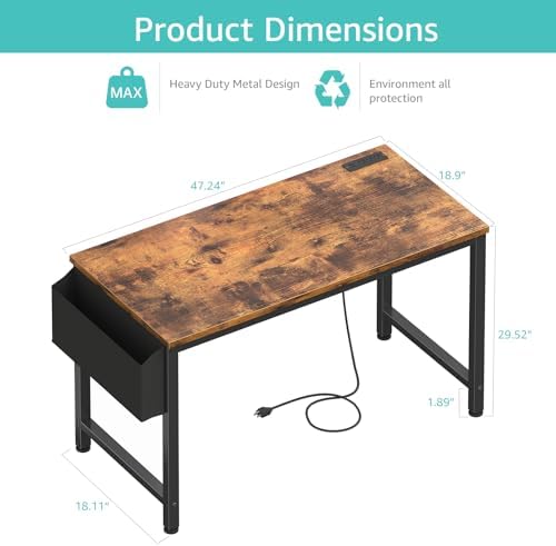 Lufeiya Computer Desk with Power Outlet, 47 inch Teen Study Table Home Office Work Writing Gaming Desks with Charging Station Outlets Built in, Brown - Image 3