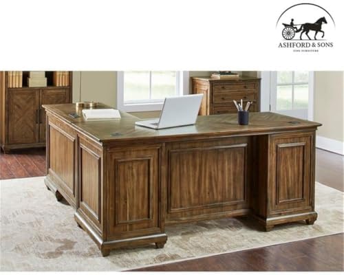 Ashford & Sons Artisan L-Desk & Return, 8-Drawer Executive Corner Workstation, 30" H x 68" W x 70" D, Hardwood Solids with Veneer, Distressed Finish, Built-in Power Center, Home Office Desk - Image 5