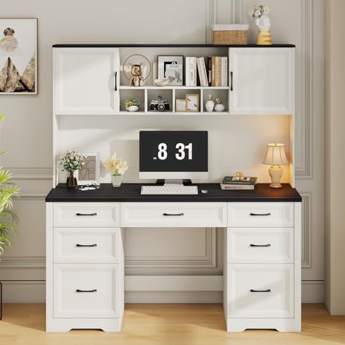 Vabches Farmhouse Executive Desk with 7 Drawers and Storage Cabinet, Rustic Large Home Writing Desk with Hutch, Workstation for Bedroom, Black - Image 3