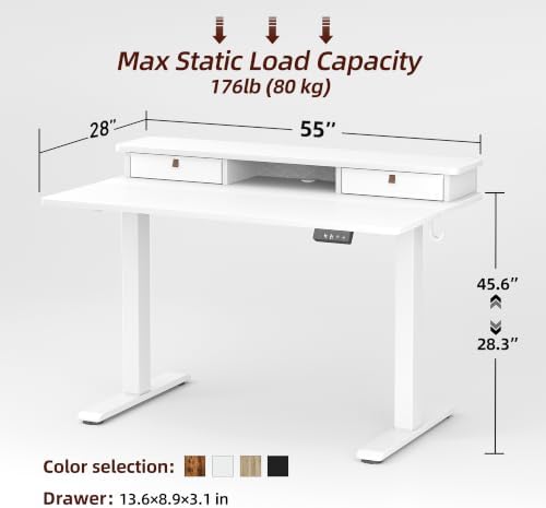 TIQLAB 55 * 28 inch Standing Desk with Two Drawers&Top Shelf, White - Image 2