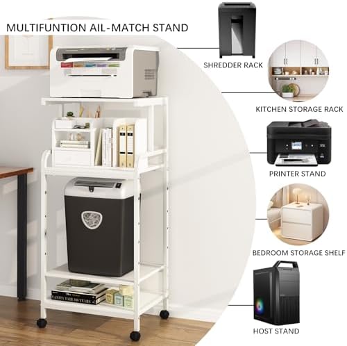 Arbuxzuy 4-Tier Printer Stand with Storage Shelf, Mobile Printer Table for Home Office, Adjustable Stand for Printer, Scanner, Fax (White) - Image 6
