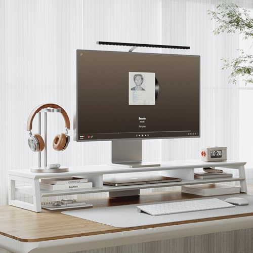 Dual Monitor Stand Riser for Desk, 41.7 Inch Large 2 Tier Computer Monitor Stand for 2 Monitors, Desktop Storage Organizer Shelf with Keyboard Space for Laptop PC Printer White - Image 2