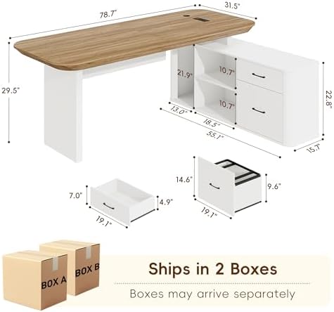 Squireewo 78.7" L Shaped Executive Desk with Drawers, Large Office Desk w/Power Outlets, Storage Cabinet & File Drawers, 1.8" Thick Tabletop, Modern Business Furniture for Home Office, White & Walnut - Image 2