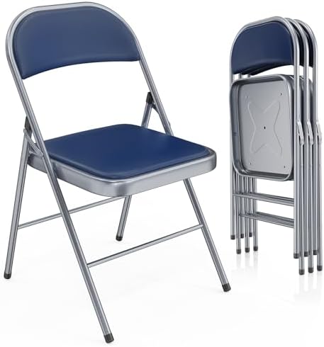 VINGLI 4 Pack Folding Chairs with Padded Seats, Metal Frame with Pu Leather Seat & Back, Capacity 350 lbs, Blue by VINGLI