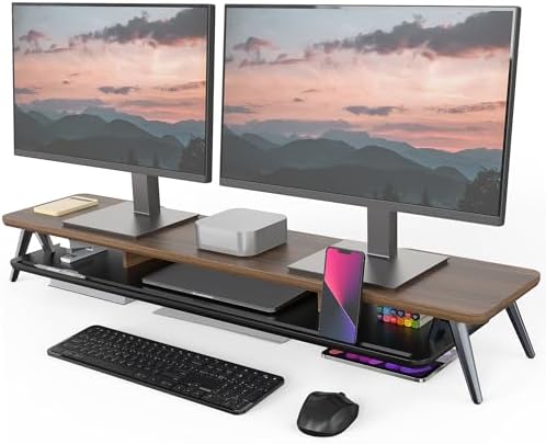 Fenge Dual Monitor Stand Riser, Wooden Desk Shelf with 2-Tier Storage by Fenge