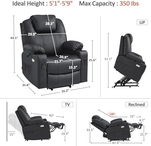 MCombo Power Lift Recliner Chair for Elderly, Lift Chair with Heat and Massage, FSC Certified, USB Ports, Cup Holders, Faux Leather 7040 (Black, Medium) - Image 3