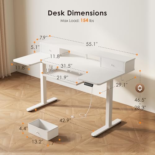 OffiGo 55 Inch U Shape Standing Desk with Keyboard Tray & Drawers, White - Image 3