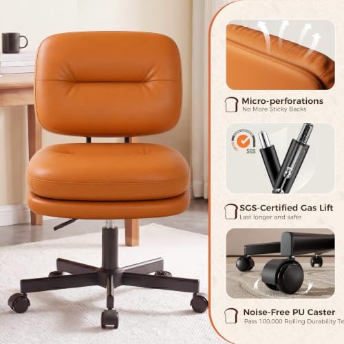 COMHOMA Home Office Desk Chair with Comfy Lumbar Support, Small Vanity Chair with Wheel for Bedroom, Thick Padded & Armless, 19.1"-25.4 Height Adjustable, Soft PU Leather, Brown - Image 5