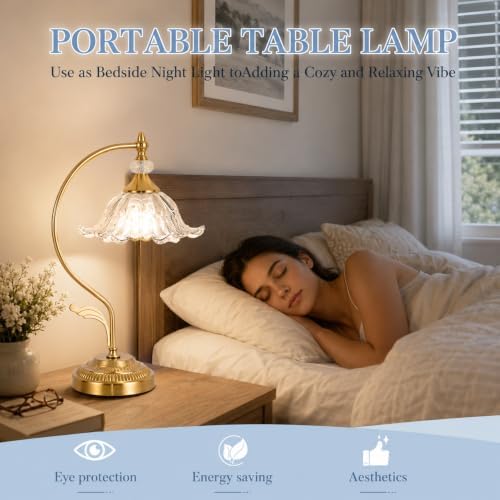 Vintage Floral Table Lamp, Plug in Mid-Century Modern Desk Lamp with Transparent Glass Shade, Gold Bedside Table Lamp Dimmable for Bedroom Living Room Home Office, E26 Base, UL Listed - Image 4